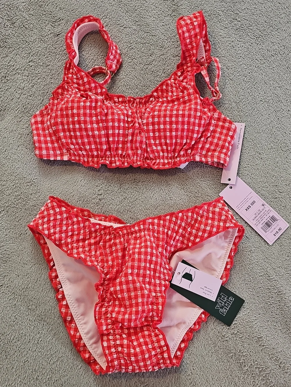 Wild Fable Wimen's XXS Seersucker Ruffled Red/Pink Gingham Bikini Set